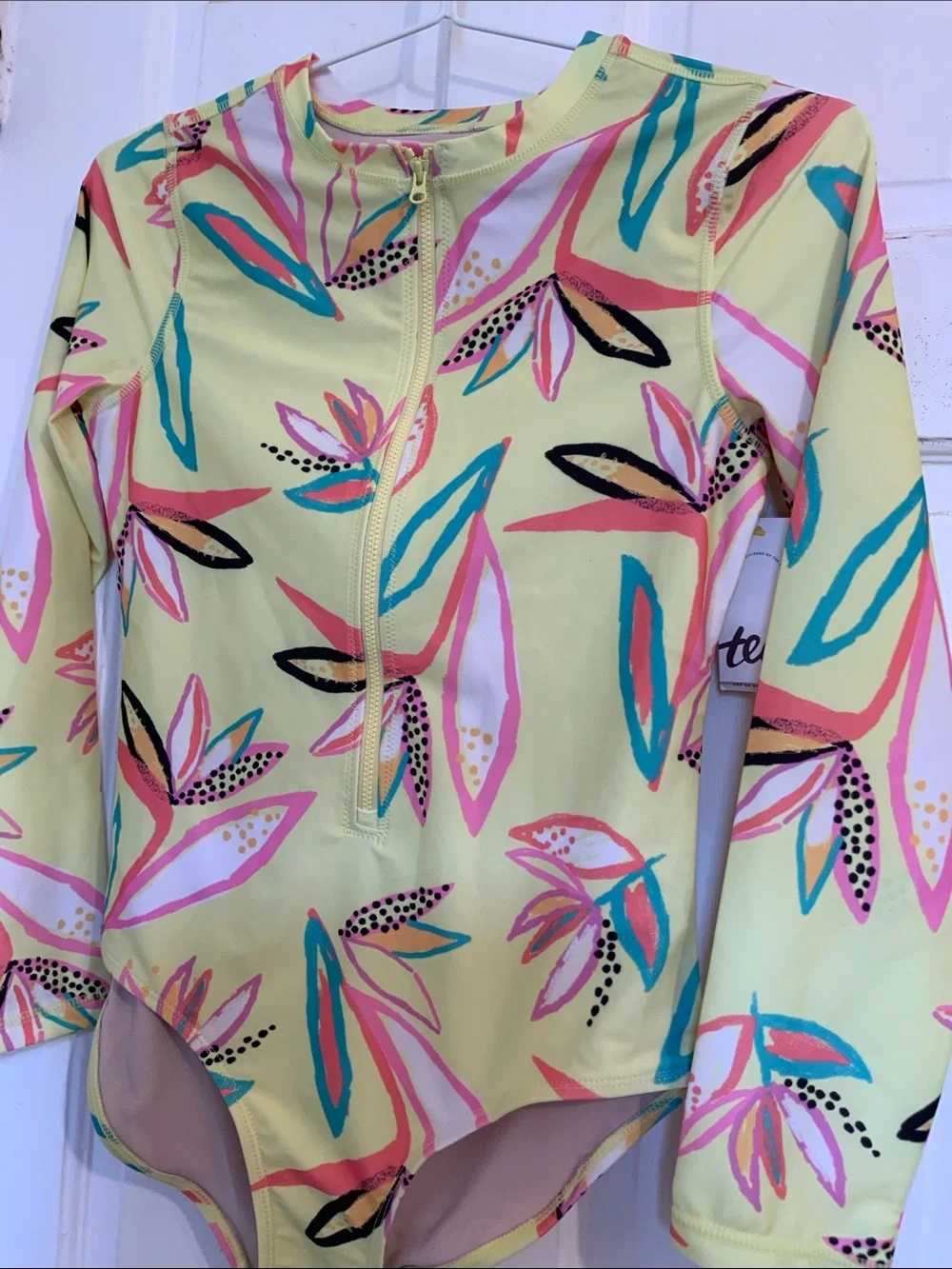 NWT Girls Long Sleeve Zip Front Floral Rash Guard Swimsuit - Yellow in size 16
